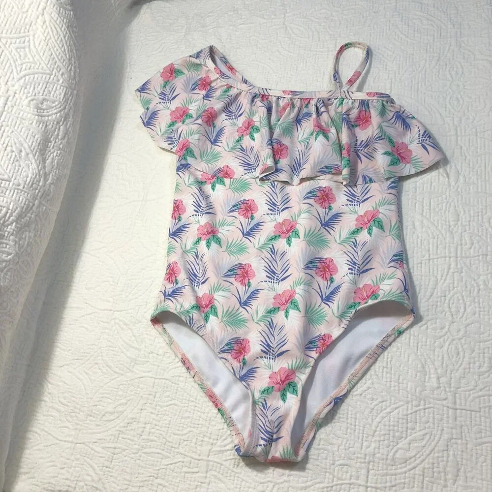 NWT Janie And Jack Swimsuit Girls Floral One-Shoulder Sz 10 Protection